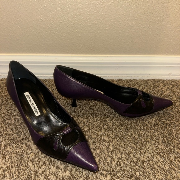 Manolo Blahnik Shoes - Manolo Blahnik Purple and Black Pointed Toe Kitten Heel Pumps